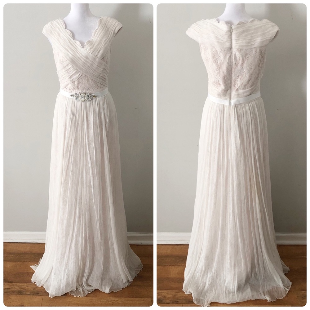 Tadashi Shoji White Lace Silk Jeweled Belt Dress Gown Size 6